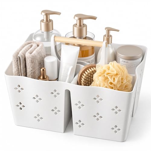 GVY Plastic Shower Caddy Portable Large Capacity Shower Basket with Handle Divided Bathroom Toiletry Organizer Quick-Drain Shower Caddy for College Dorm Beach Kitchen Essentials White.