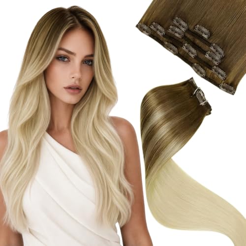 Image of LaaVoo Real Hair Extensions Clip In Human Hair, For Thin Hair, 5Pcs 80g | Light Brown Blonde Ombre Hair Extension Clips, Free Of Synthetic Fiber, Blend Naturally With Short Hair Textures 12 Inch