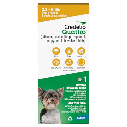 Credelio Quattro Dog Flea & Tick Treatment + Heartworm & Parasite Protection, 3.3-6 lbs (1 Chewable Tablet)