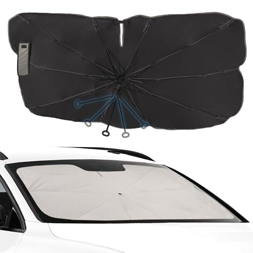 CompraFun Parasol Coche Delantero, Plegable Paraguas Coche 145 x 80 cm, Parasol para Parabrisas Protección UV y Aislamiento Térmico, para Mayoría de Coches, SUV, Camiones