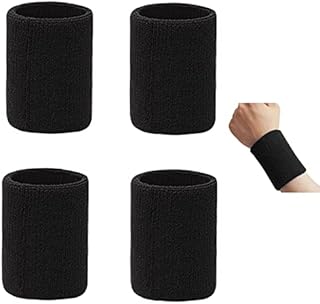 kuou 2 Pairs/4 Pack Black Wrist Sweatband, Athletic Cotton Sweat Bands Wristband Tennis Band For Sports Running Gym