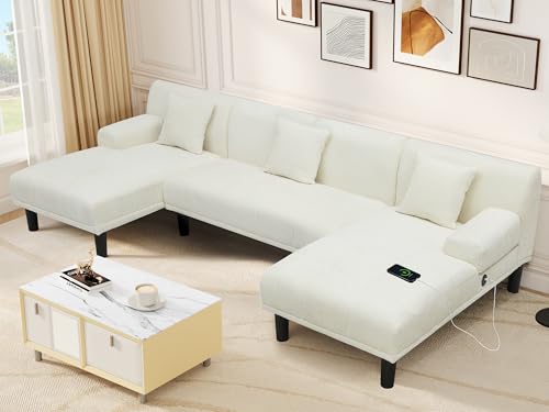 YITAHOMESectional Couches for Living Room, U Shaped Sofa Chenille Modern Couch with USB & Type C Charging Ports Double Chaise and Comfy Upholstered Sofa, Beige