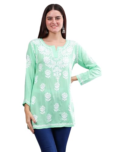 Image of Seva Chikan Hand Embroidered Lucknowi Chikankari Modal Short Top for Women SCL9147