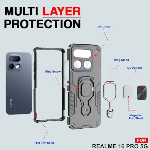 Image of AESTMO Armor Back Cover for Realme 16 Pro 5G | Ring Holder & Kickstand & Camera Protection in-Built | 360 Degree Protection Back Case Cover for Realme 16 Pro 5G (Black)