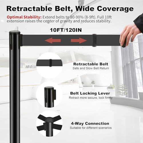 ELLUMIN 12 Pack Crowd Control Barriers Stanchions with 10 ft Retractable Belts - Heavy-Duty Base Stanchions for Queue Management in Airports, Theaters, Hotels, and Retail Stores(Black, 12 Pack)