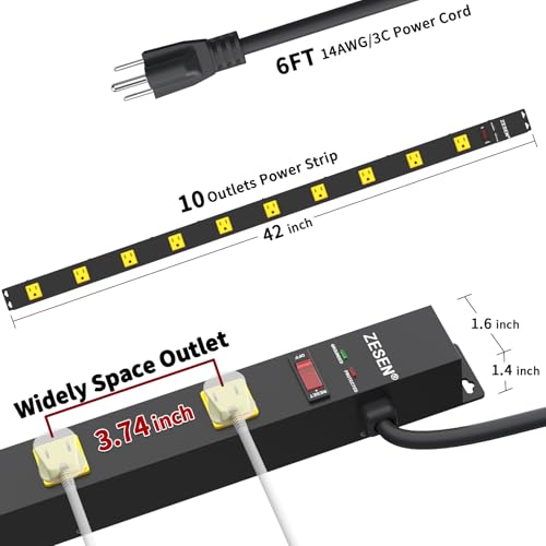 Image of 10 Outlet Long Power Strip, Wide Spaced Outlet Power Bar, Heavy Duty Metal Power Strip with 6FT Cord for Work Bench, Garage, Shop, Overload Protection Switch, ETL Listed (15A /1875W)