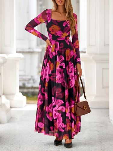 BTFBM Women Maxi Dress Fall 2025 Fashion Elegant Long Sleeve Square Neck Floral Print Party Club Wedding Guest Dresses