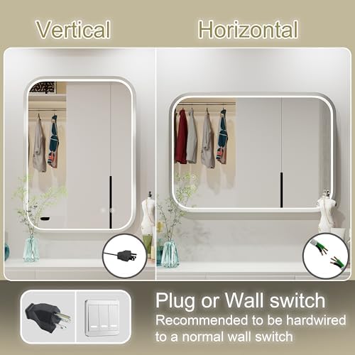 JSneijder 20x28 Inch Silver Frame LED Bathroom Mirror with Lights, Adjustable 3000K/4500K/6000K, Wall Mounted Lighted Bathroom Vanity Mirrors, Anti-Fog, Dimmable, Memory Funtiom, Horizontal/Vertical