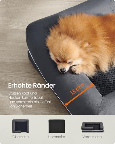 Feandrea Orthopädisches Hundebett, Hundekissen, Hundekorb, weiche Polsterung, Hundesofa, erhöhte Ränder, Bezug abnehmbar und waschbar, 76 x 51 x 18 cm, rutschfeste Unterseite, dunkelgrau PGW074G01V1