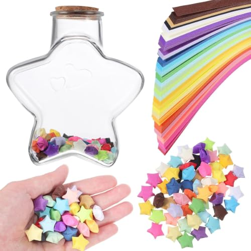 Gadpiparty Rainbow Star Origami Papers with Transparent Glass Wishing Bottle 540 Sheets 32 Assortment Color Star Strips Package DIY Paper Box for DIY Art Crafts