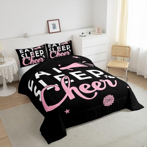 Image of Feelyou Pink Eat Sleep Cheer Comforter Set Toddler Size for Girls Boys Cheerleader Comforter Gymnastics Dancing Lovers Bedding Set Girls Cheerleading Sports Duvet Set Quilt Set