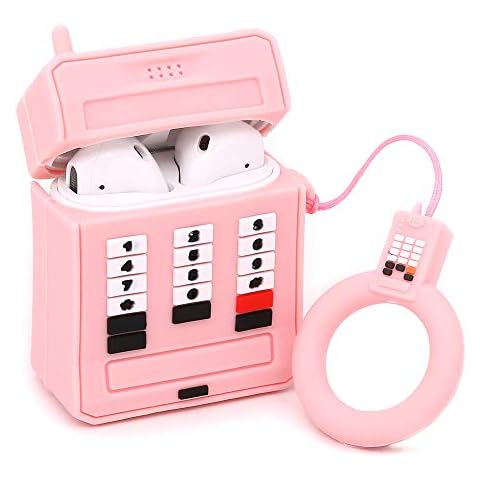 Yonocosta Cute Airpods Case, Airpods 2 Case, Fashion Funny 3D Cartoon Pink Retro Cellular Phone Shaped Full Protection Shockproof Soft Silicone Charging Case Cover Skin with Keychain for Airpods 1&2 Cover