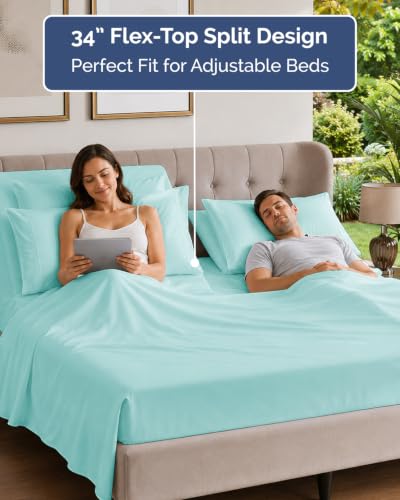 Image of Flex Top Split Head King 6 Piece Sheet Set - Soft & Cooling - Spa Blue | Ultra Soft Hotel Luxury Bedding Set w / 8-16 Inch Deep Pockets, 1 Flat & 1 Split-Head Fitted Sheet & 4 Pillowcases, Fade Free
