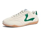 LUCKY STEP Women's Casual Walking Shoes Lifestyle Lightweight Suede Classic Non Slip Trendy Cute Comfortable Running Retro Lace-up Fashion Sneakers(Beige/Green,9 B(M) US)