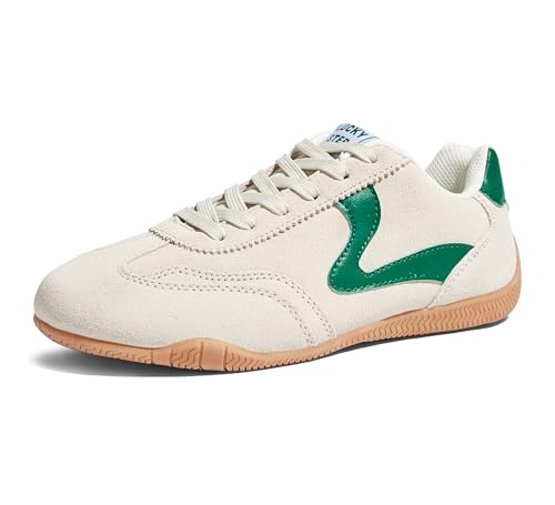 LUCKY STEP Women's Casual Walking Shoes Lifestyle Lightweight Suede Classic Non Slip Trendy Cute Comfortable Running Retro Lace-up Fashion Sneakers(Beige/Green,9 B(M) US)