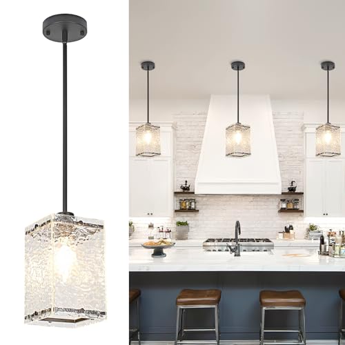 Image of Water Ripple Glass Pendant Lights Kitchen Island, Black, 3 Pack | Adjustable Modern Hanging Pendant Light Fixtures for Sink kitchen Dining Room Foyer Entryway