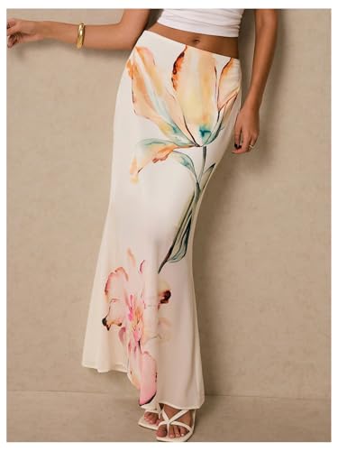 GORGLITTER Women's Floral Maxi Skirt Boho Low Waisted A-Line Bodycon Trendy Long Midi Skirts3