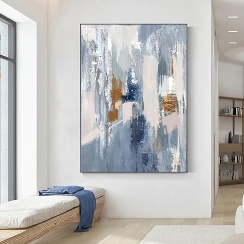 Toile peinture abstraite bleu or moderne grand format 80x110 cm, affiche décoration murale salon