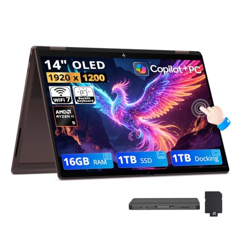 Image of HP OmniBook X Flip 2-in-1 14 inch 2K OLED Touchscreen Laptop, Ryzen AI 5 430, 16GB RAM, 2TB Storage (1TB SSD+1TB Docking Station), AMD Radeon 840M, Copilot+ PC, Backlit Keyboard, Win 11, Deep Espresso