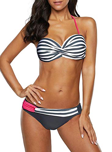 image for Astylish Womens Bathing Suit Twist Band Retro Stripe Bikini Full Cover