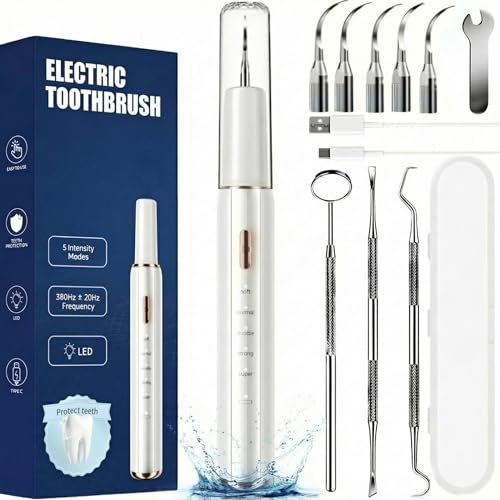 Kit Pulizia Denti Tartaro，Spazzolino Elettrico Ultrasuoni Intelligente con 5 Modalità Per Rimozione Placca e Macchie con 5 Testine Intercambiabili e Luci LED per Pulizia Tartaro Uso Quotidiano a Casa