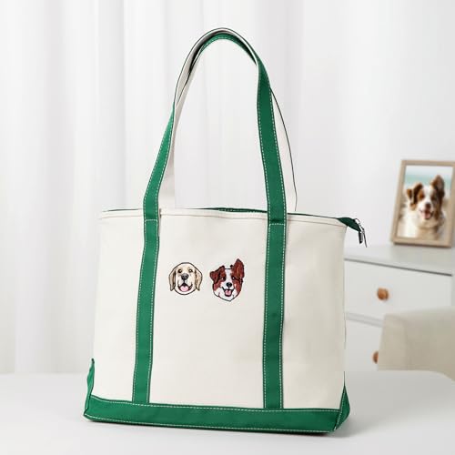 Custom Tote Bag for Women, Personalized Embroidered 1-4 Dog Cat Pet Portrait Photos Canvas Tote Bags, Large Travel Bag with Zipper, Personalized Reusable Shopping Gift Bags, Birthday Gifts for Her3