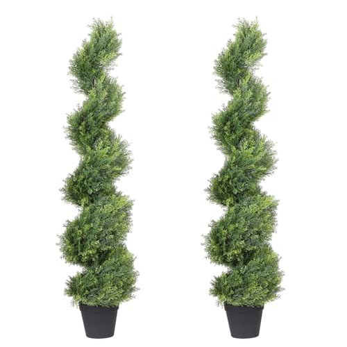 THE BLOOM TIMES 4ft Artificial Topiary Trees Set of 2, 48 inch Faux Cedar Cypress Spiral Topiary Trees Outdoor - Fake Plants for Garden Front Porch Indoor Outside Planter Decor 4 Foot