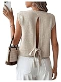 Verdusa Women's Backless Tie Knot Knit Sweater Vest Sleeveless Split Pullover Tank Top Khaki Medium