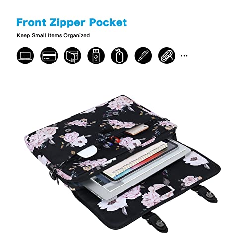 MOSISO Laptop Shoulder Bag Compatible with MacBook Pro 16 inch 2023-2019 M2 A2780 M1 A2485 A2141/Pro 15 A1398,15-15.6 inch Notebook,Peony Polyester&PU Leather Flapover Briefcase Sleeve with Belt,Black2