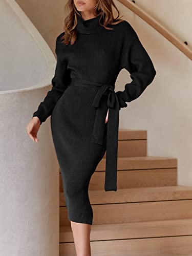Anrabess Sweater Dress For Women 2023 Fall Winter Turtleneck Oversized Chunky Knitted Slit Slim Fit Tie Front Knee Length Pullover Bodycon Midi Dress 675Heise-S Black #TOP3