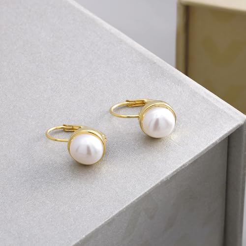 14k Gold Plated 925 Sterling Silver Dainty Drop Earrings with 7mm White Pearls, Freshwater Cultured Pearl Leverback Earrings for Women, Classic Hypoallergenic Jewelry Gift for Mom3