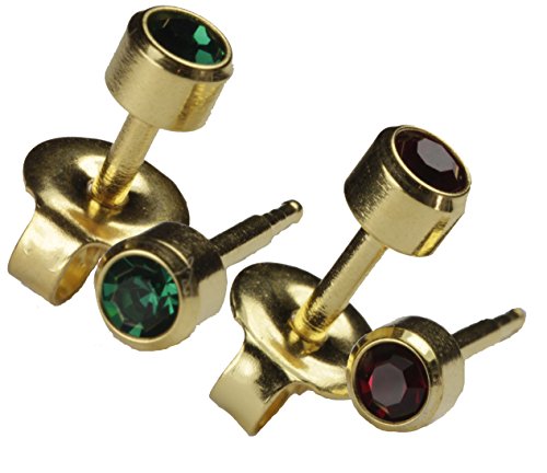Studex Universal Ear Piercing Earrings 16ga Gold with Gem Christmas Green Red 2 Pairs of 4mm Studs Hypoallergenic