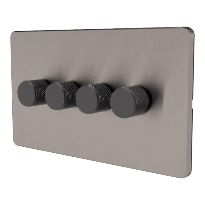 LED Dimmer Switch [Metal Knob/Metal faceplate] 2-way Rotary Push On/Off for Dimmable LED and Halogen Lights, minimum brightness adjustable - Brushed Chrome/Grey 4-Gang