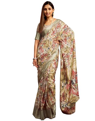 Image of SIRIL Women's Dola Silk Printed Jacquard Border Ready To Wear Saree with Unstitched Blouse Piece