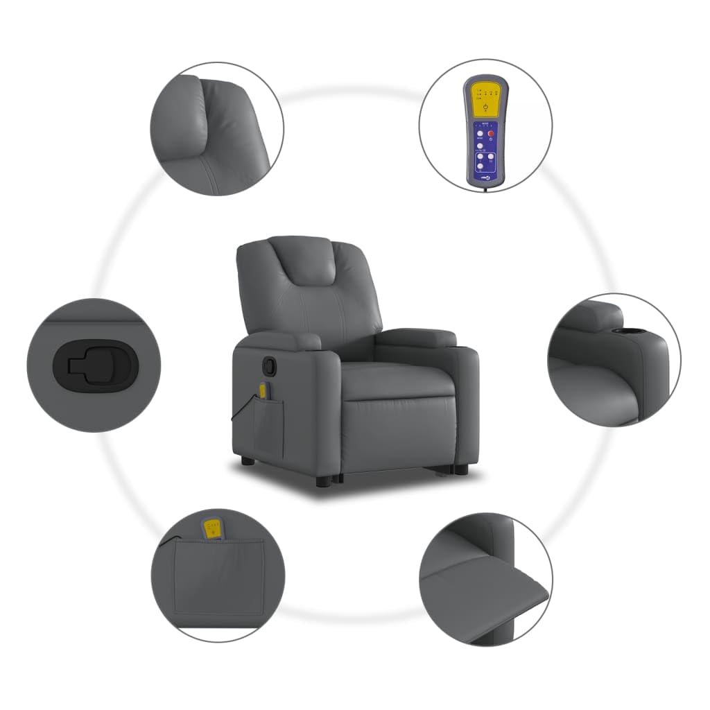 Sillón elevador reclinable con masaje por vibración, color gris piel sintética, función de elevación eléctrica y reclinación manual, 6 puntos de masaje, estructura estable