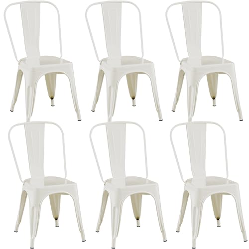 Image of Metal Dining Chairs with Backrest, Stackable, White, 6 Pack | Easy Assembly, Non-Slip Feet, 330 lb Capacity, Kitchen, Restaurant, Cafe, Pub, Covered Patio