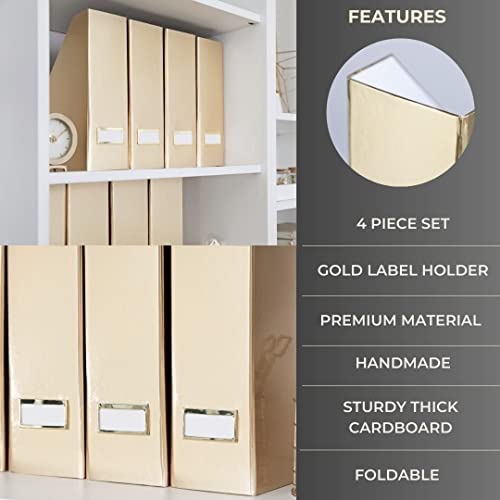 Blu Monaco Set Of 4 Foldable Gold Magazine File Holders With Gold Label Holders - Stylish And Durable Magazine Storage For Desk, Shelves, And Classroom Organization - Gold Desktop Office Supplies #TOP4