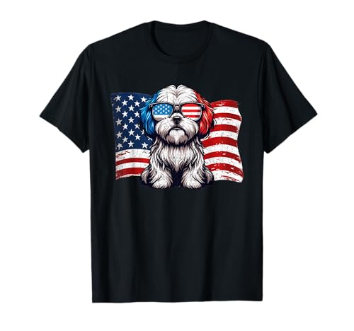 Vintage Lhasa Apso Dogs American Flag Sunglasses Patriotic T-Shirt