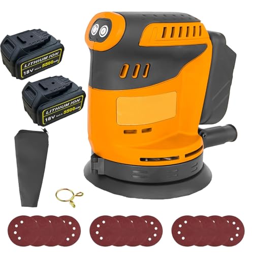Cordless Random Orbital Sander with 2×5500mAh Batteries, UK Charger & 12 Sandpapers. 3-Speed, Cordless Orbital Sander Compatible with DeWalt 18V/20V, for Wood, Metal, Furniture,Car Sanding & Polishing