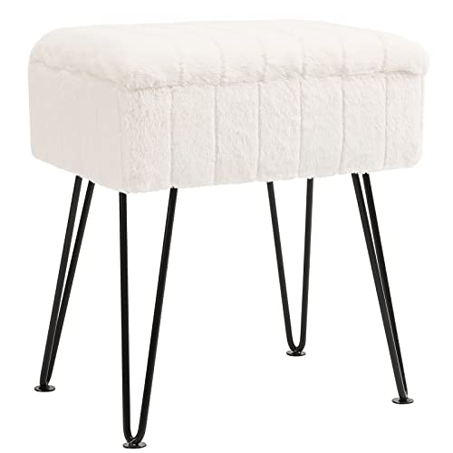 Cuyoca Vanity Stool Ottoman With Storage Bench, Faux Fur Stool For Vanity With Metal Legs, Makeup Chair Vanity Stool For Bedroom Living Room, Cream #TOP3