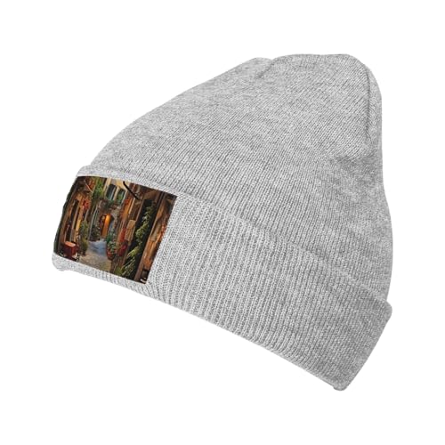 OAZCVBNN Gorro de punto cálido italiano con estampado de calle vieja para hombre y mujer, gorro de invierno para viajes diarios, cómodo gorro holgado, gris, Talla única