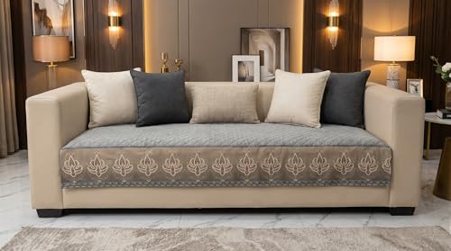 Image of Velvet Quilted Sofa Cover Mat Seat & Back, L Shape 3+3, Main L69in Chaise L69in H32in, Gray Color,Anti Skid Backing, 6in Hanging Strap Design, Washable Soft, Style -Gray-L33