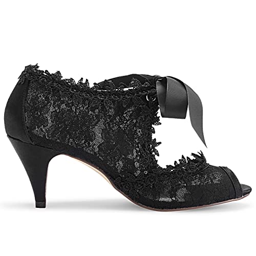 JIAJIA Women's Bridal Shoes 5949419 Peep Toe 2.6" Cone Heel Lace Satin Pumps Ribbon Tie Wedding Shoes4