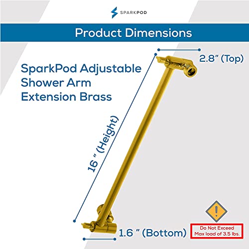 Shower Head Extension Arm By Sparkpod - 16" Solid Brass Shower Arm Extension With Universal Connection To Showerheads - Easily Adjustable Shower Arm For Rain Showerheads (Egyptian Gold) #TOP1