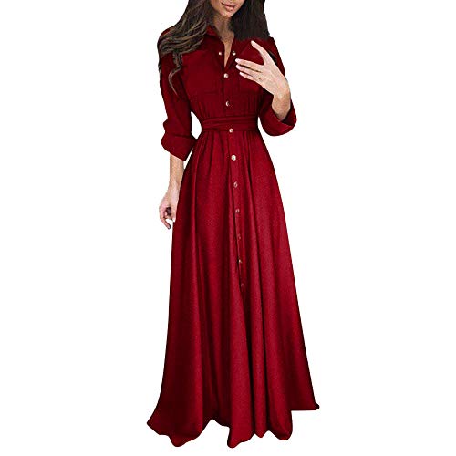 IQYU Vestido de cóctel para mujer, elegante para bodas, vestido largo de noche, manga larga, vestido camisero, vestido maxi, vestido con volantes, vestido de fiesta, vestido de verano, tallas grandes,