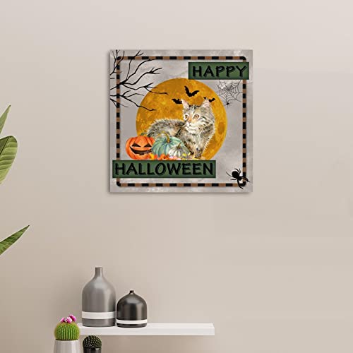 Panneau mural bois citrouille Halloween chat finition rustique