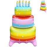 60 Inch Rainbow Birthday Cake Foil Balloons,Giant 3 Tier Cake Self-Standing Balloon for Girls Boys Kids Birthday Party Supplies,Baby Shower Party Centerpiece Decorations