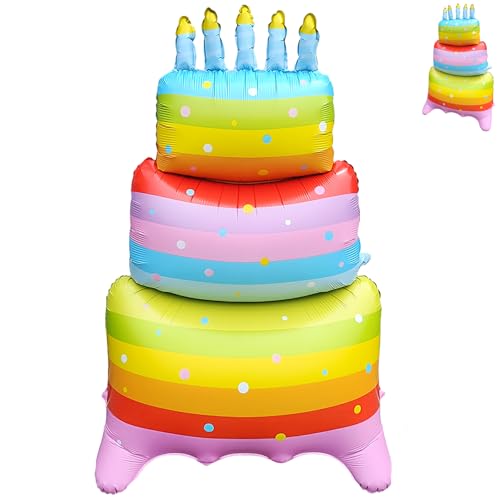 Image of 60 Inch Rainbow Birthday Cake Foil Balloons,Giant 3 Tier Cake Self-Standing Balloon for Girls Boys Kids Birthday Party Supplies,Baby Shower Party Centerpiece Decorations