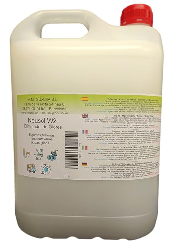 Neusol W2 5L Eliminador de olores Tuberías bajantes cañerías desagües canalizaciones sumideros Fosa séptica Depuradora Autocaravana Aguas Negras y Grises Antiolor (Actual, 5000, Millilitros)