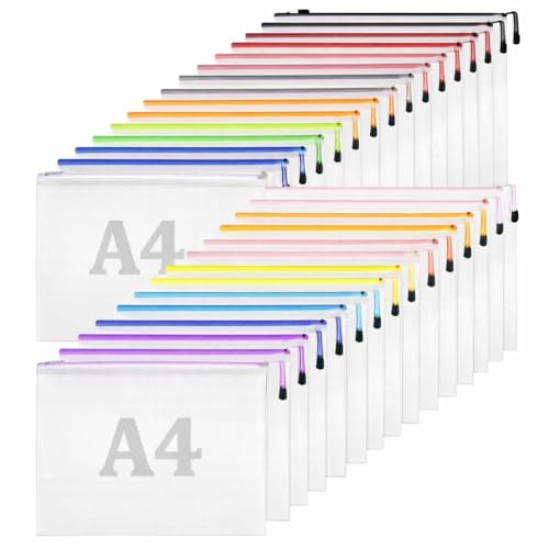 ReePlan 30 Pack Plastic Wallets A4 Zip Wallets Waterproof Zip Folders with Secure Closure for Office School Travel Document & Stationery Storage 15 Assorted Colours